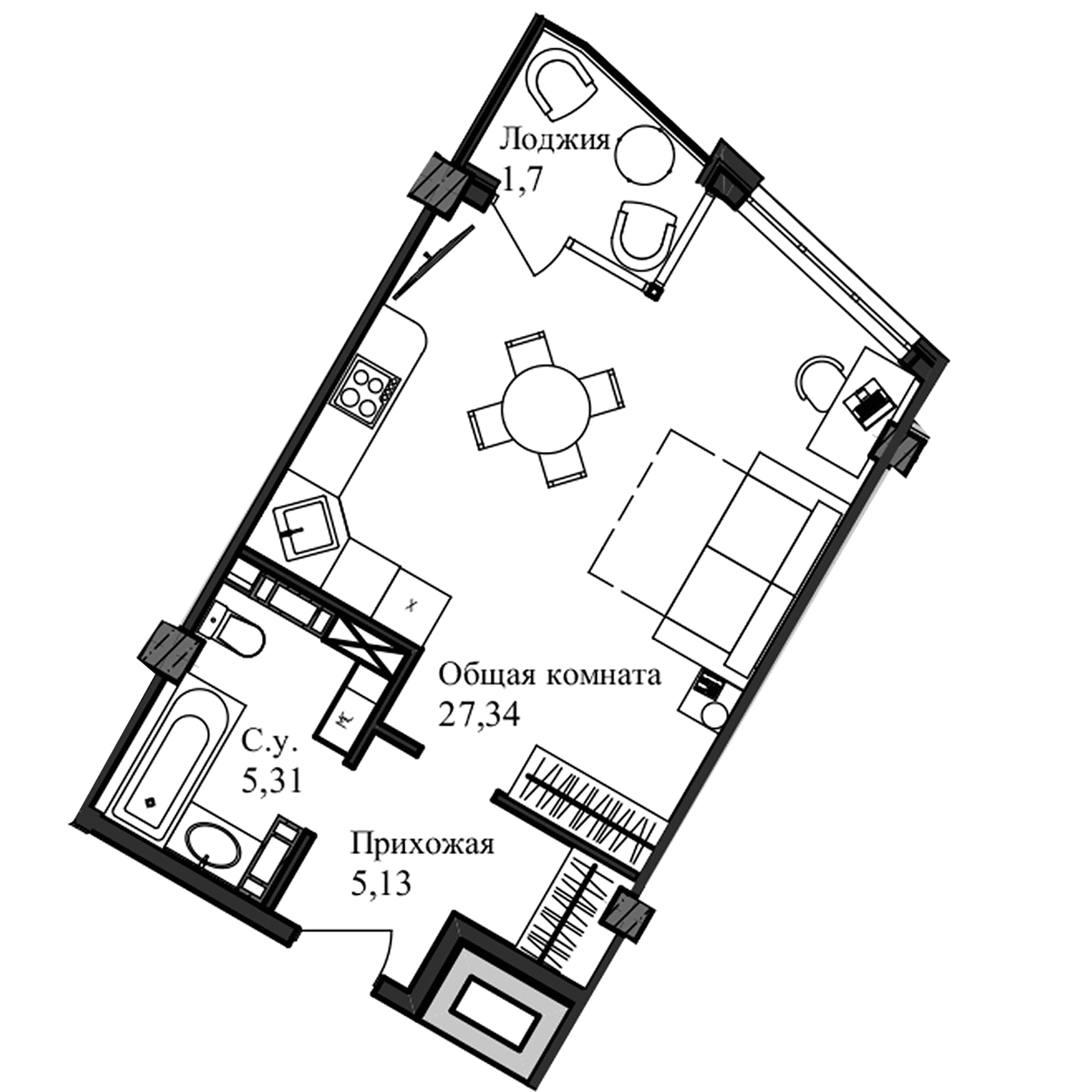 Студия, 39.5 м²