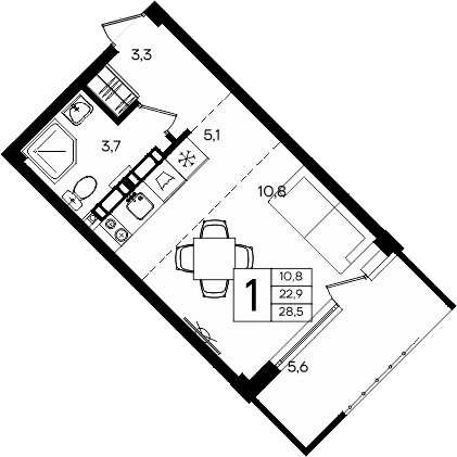 Студия, 22.9 м²