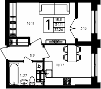 1-комн., 34.11 м²