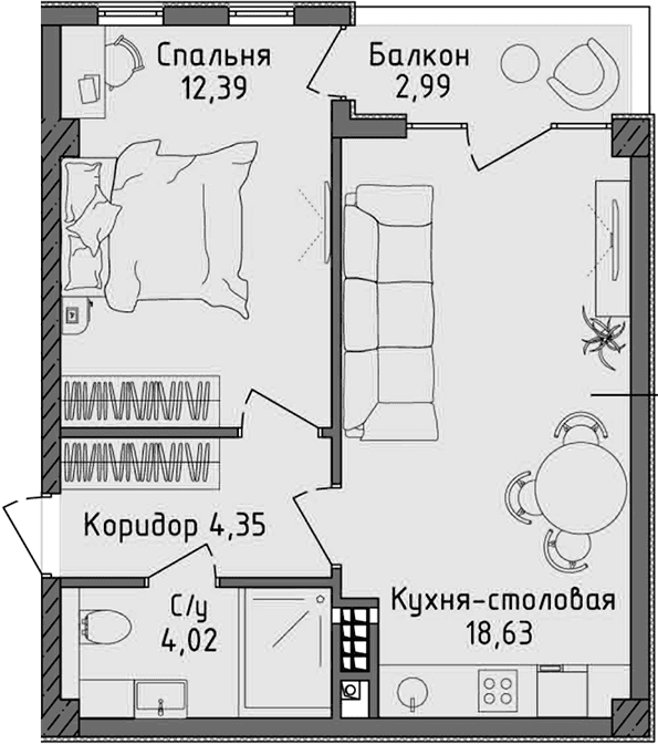 2-комн., 39.39 м²