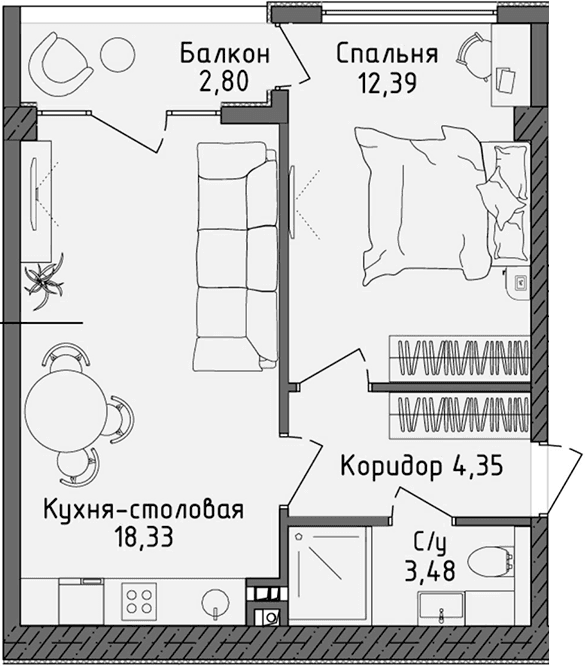 2-комн., 38.55 м²