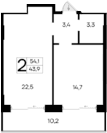 1-комн., 43.9 м²