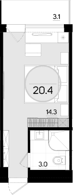 Студия, 17.3 м²