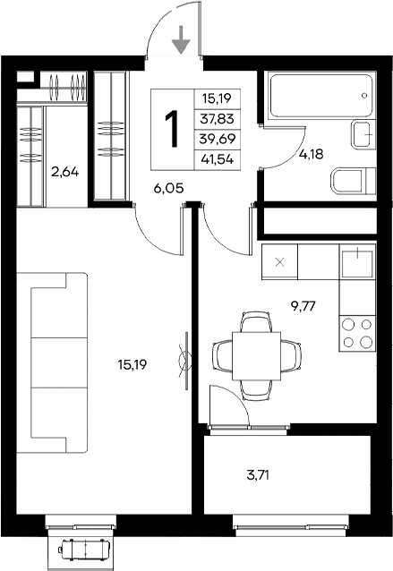 1-комн., 37.83 м²