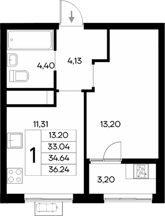1-комн., 33.04 м²