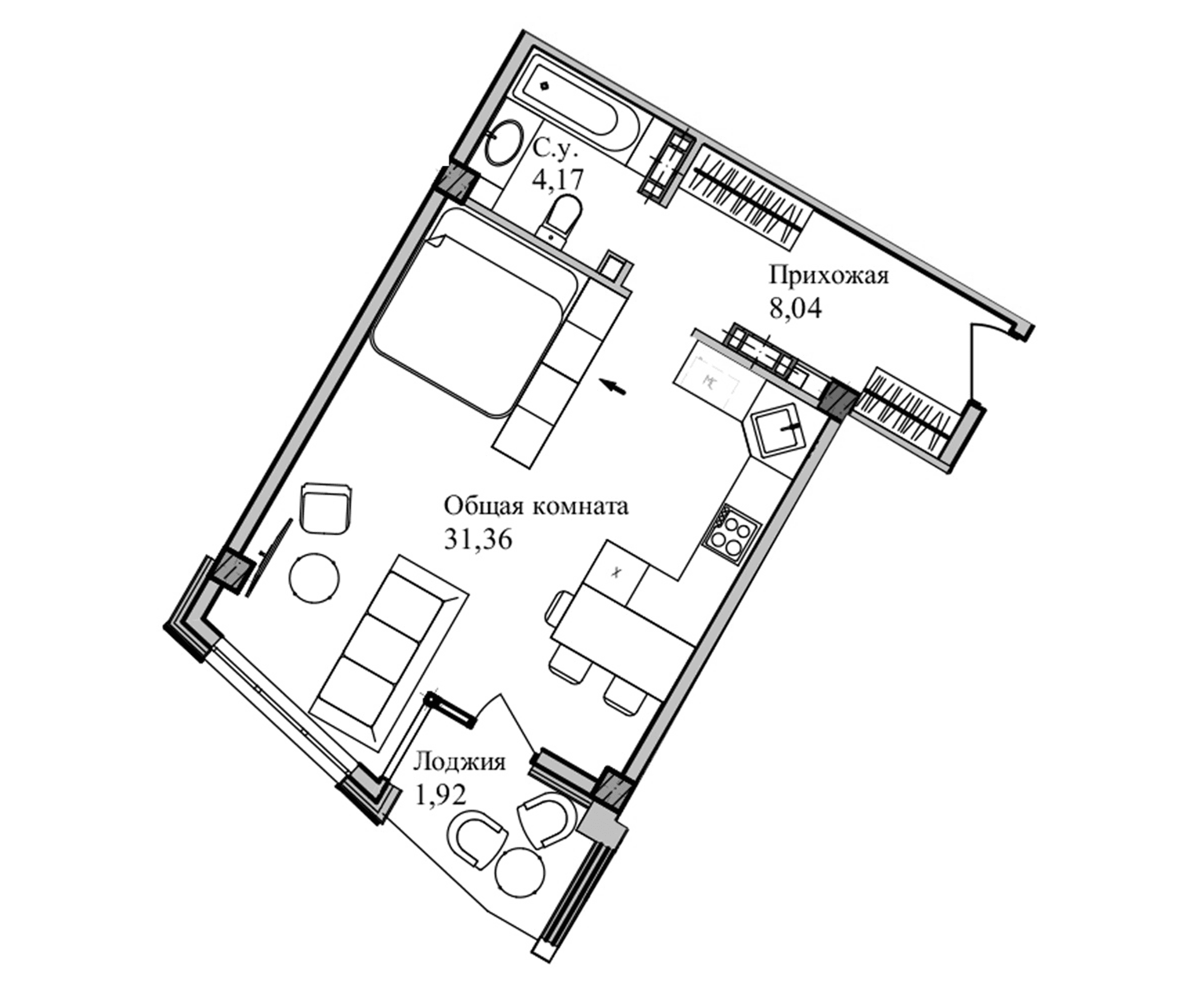 Студия, 44.88 м²