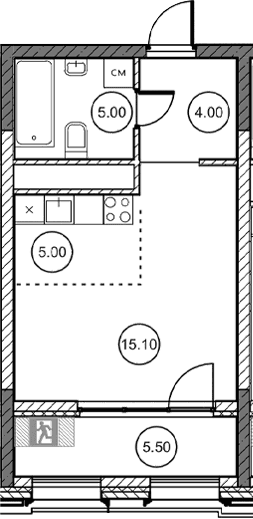 Студия, 29.15 м²