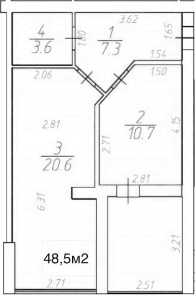 Студия, 48.5 м²