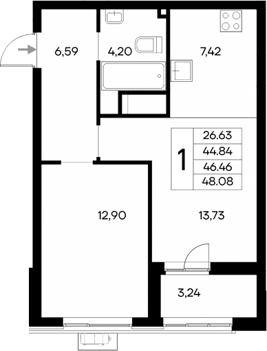 1-комн., 44.84 м²