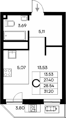 Студия, 27.4 м²