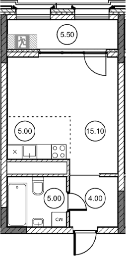 Студия, 28.95 м²