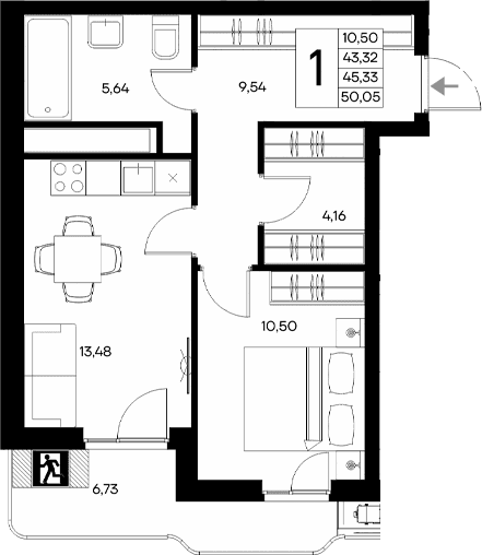 1-комн., 43.32 м²