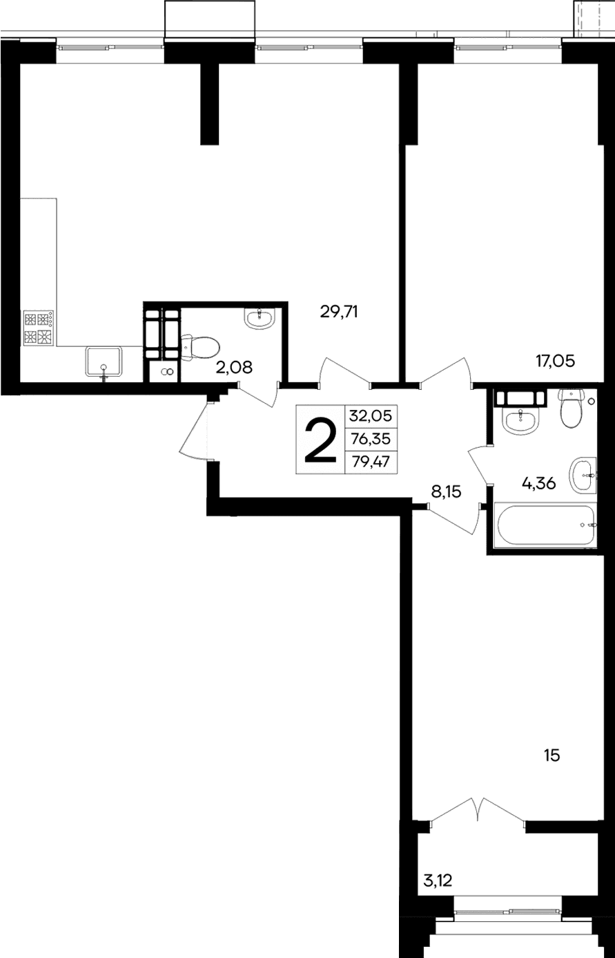 2-комн., 76.35 м²