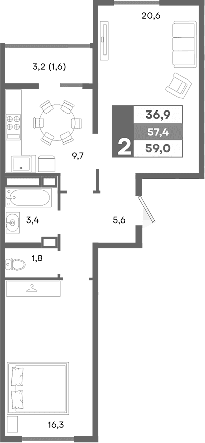 2-комн., 57.4 м²