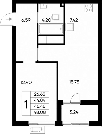1-комн., 44.84 м²