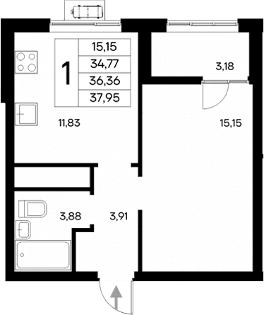 1-комн., 34.77 м²