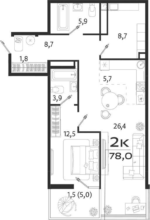 2-комн., 73 м²