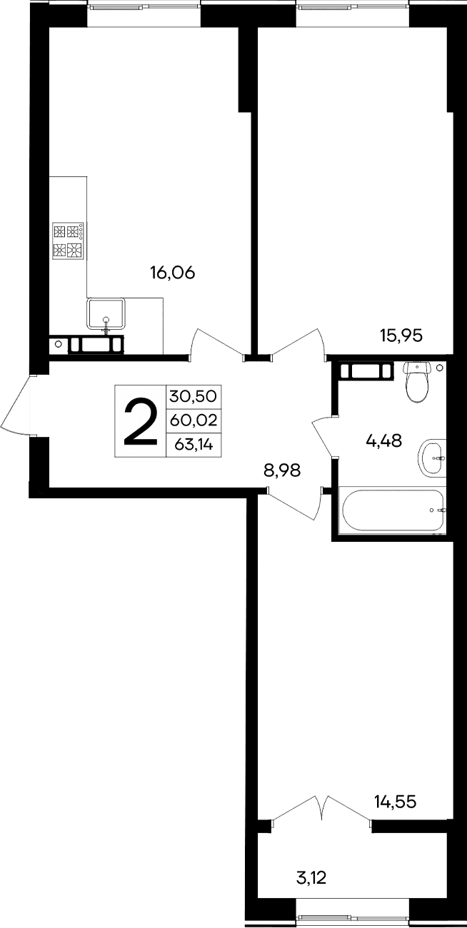 2-комн., 60.02 м²