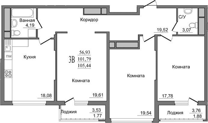 3-комн., 101.75 м²