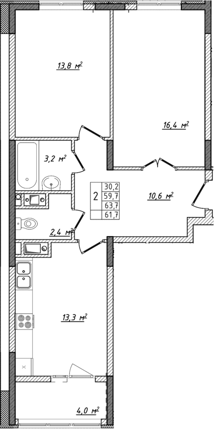 2-комн., 59.7 м²