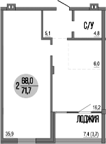 2-комн., 68 м²