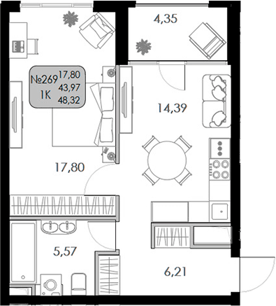 1-комн., 43.97 м²
