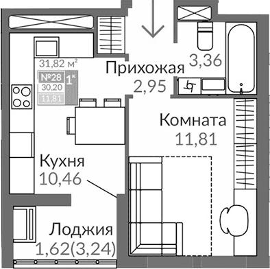 1-комн., 28.58 м²