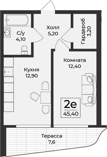 2-комн., 41.6 м²