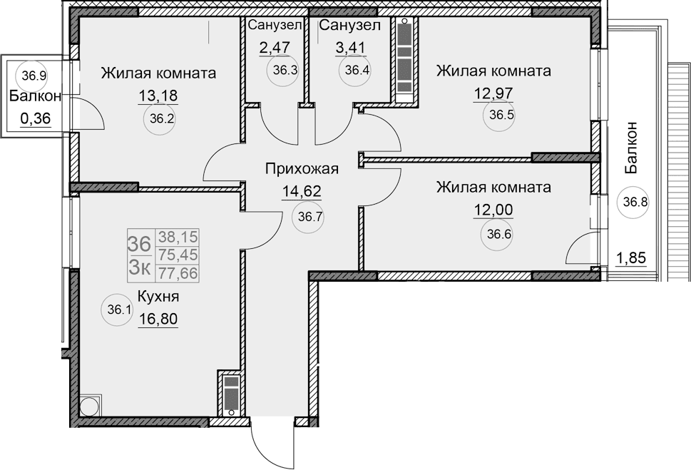 3-комн., 75.45 м²