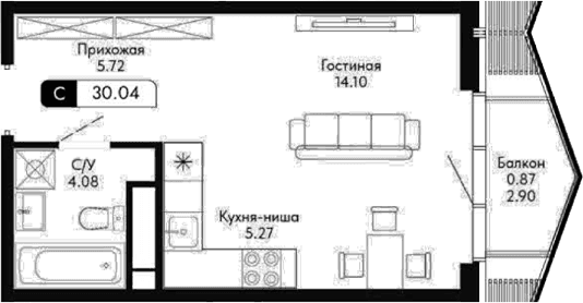 Студия, 29.17 м²