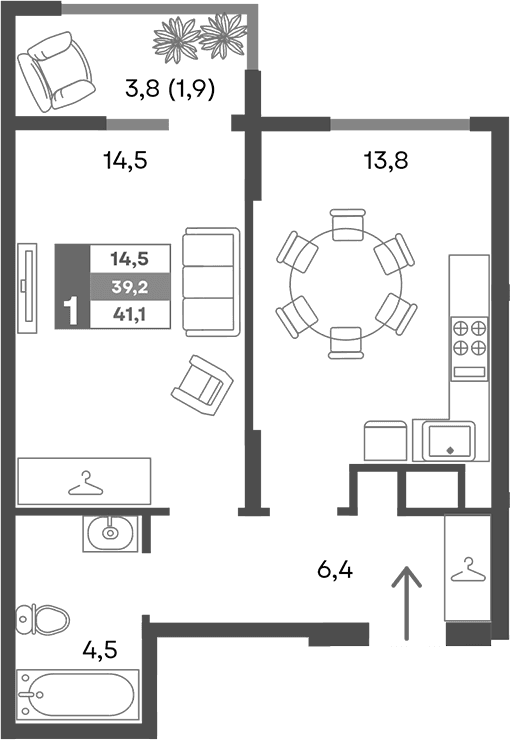 1-комн., 39.2 м²