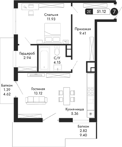 2-комн., 46.91 м²