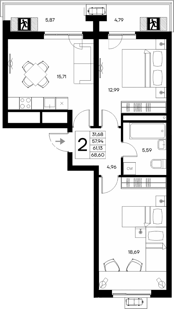 2-комн., 57.94 м²