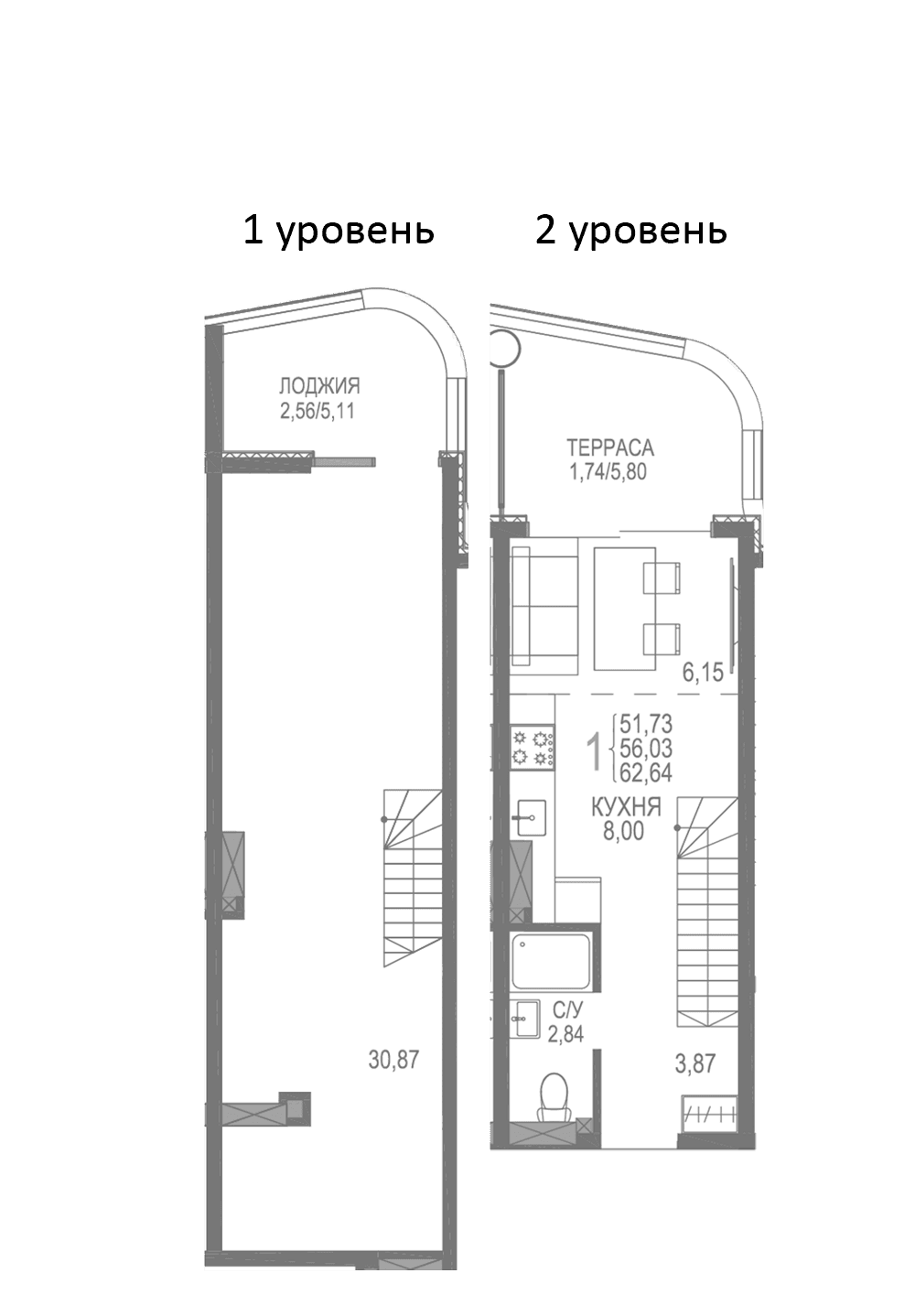 1-комн., 58.34 м²