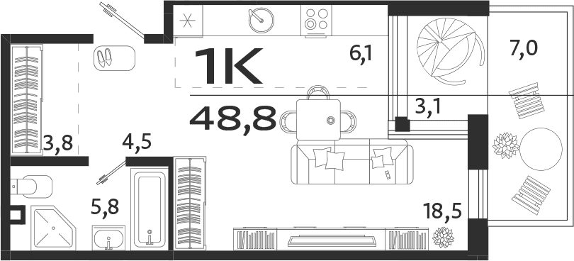 Студия, 38.7 м²