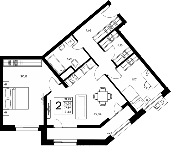 2-комн., 74.26 м²