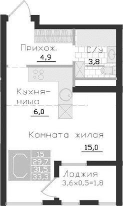 Студия, 29.7 м²