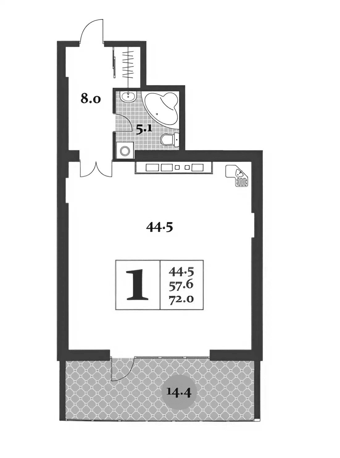 Студия, 57.6 м²