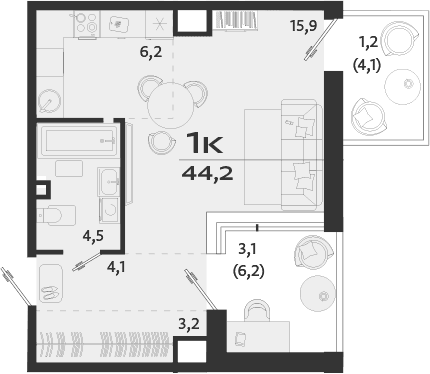 Студия, 33.9 м²
