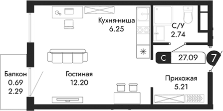 Студия, 26.4 м²