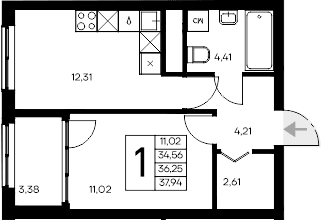 1-комн., 34.56 м²