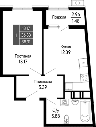1-комн., 36.83 м²