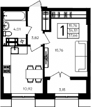 1-комн., 34.51 м²