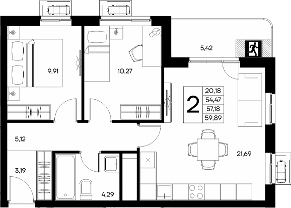 2-комн., 54.47 м²