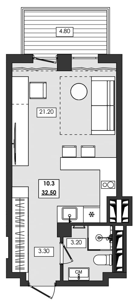 Студия, 27.7 м²