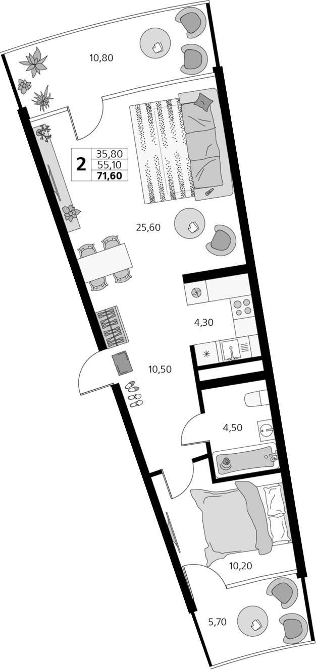 2-комн., 55.1 м²