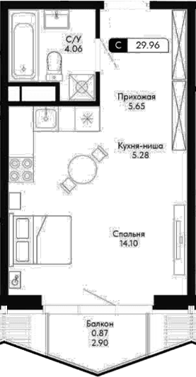 Студия, 29.08 м²