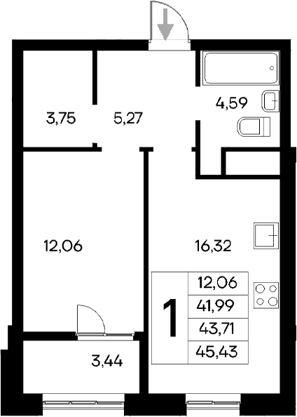 1-комн., 41.99 м²