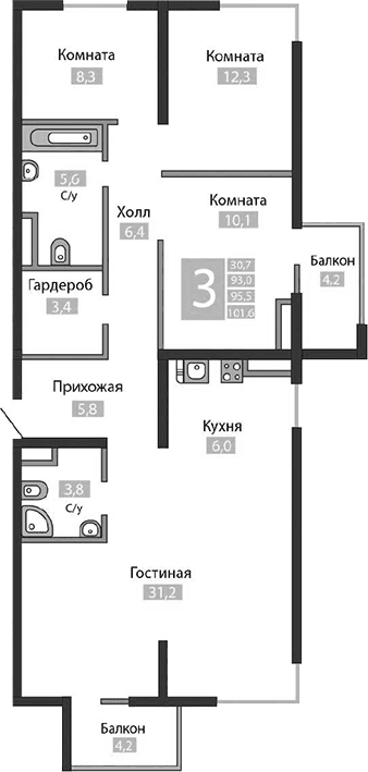 3-комн., 92.9 м²