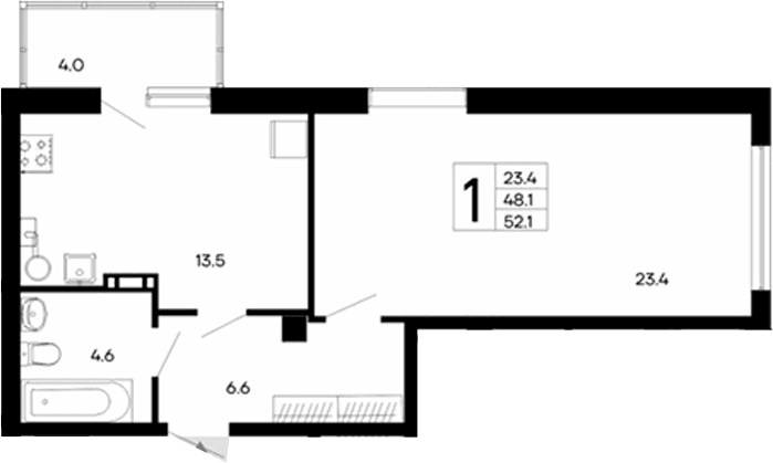 1-комн., 48.1 м²